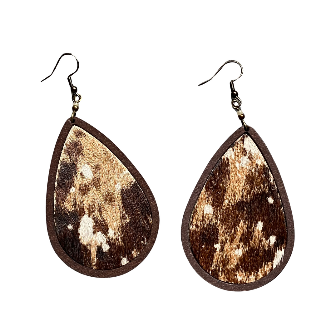 Wooden Teardrops & Cowhide Earrings