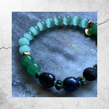 Load image into Gallery viewer, Essential Oil Bracelet || Cat-Eye and Jade Beads in Shades of Green || Black Freshwater Pearls
