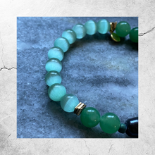 Load image into Gallery viewer, Essential Oil Bracelet || Cat-Eye and Jade Beads in Shades of Green || Black Freshwater Pearls
