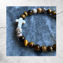 Load image into Gallery viewer, White Stone Cross, Tiger Eye &amp; Jasper Bracelet || Stretch Bracelet
