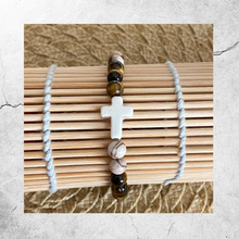 Load image into Gallery viewer, White Stone Cross, Tiger Eye &amp; Jasper Bracelet || Stretch Bracelet
