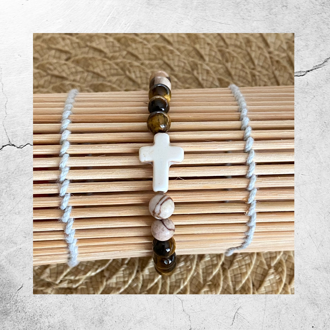 White Stone Cross, Tiger Eye & Jasper Bracelet || Stretch Bracelet