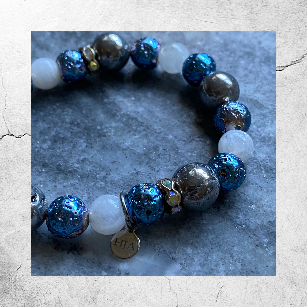 Sparkly Blues, White Moonstone and Silver Druzy Beads Essential Oil Bracelet