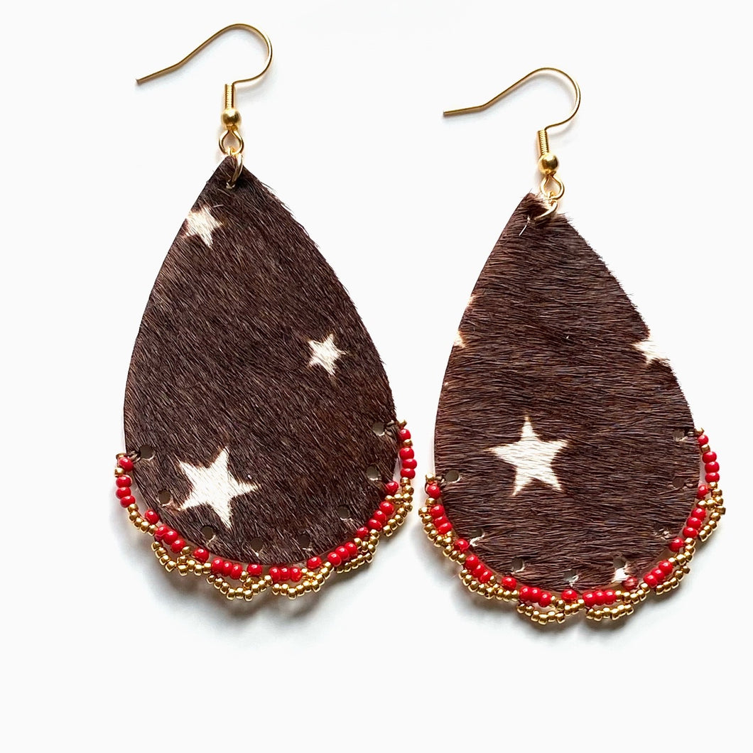 Teardrops and Stars Earrings, Cowhide Picot-Edged in Red & Gold Beads