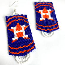 Load image into Gallery viewer, Handwoven Seed Bead earrings using white, orange and blue glass Delica beads. Approx 3&quot; drop, 1&quot; width. Sterling earwires. Made in USA.  Take these out to the ballgame!   Type: Seed Bead Earrings Size: 3 inch drop, 1 inch width
