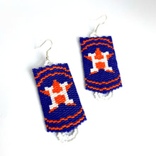 Load image into Gallery viewer, Handwoven Seed Bead earrings using white, orange and blue glass Delica beads. Approx 3&quot; drop, 1&quot; width. Sterling earwires. Made in USA.  Take these out to the ballgame!   Type: Seed Bead Earrings Size: 3 inch drop, 1 inch width
