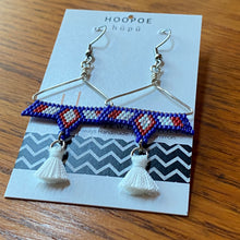 Load image into Gallery viewer, Beaded Red, White &amp; Blue Patriotic Earring Triangle Hoops with White Tassel
