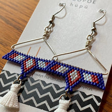 Load image into Gallery viewer, Beaded Red, White &amp; Blue Patriotic Earring Triangle Hoops with White Tassel
