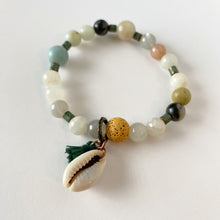 Load image into Gallery viewer, Amazonite, Moonstone, Cowrie Shell Essential Oil Stretch Bracelet
