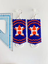 Load image into Gallery viewer, Handwoven Seed Bead earrings using white, orange and blue glass Delica beads. Approx 3&quot; drop, 1&quot; width. Sterling earwires. Made in USA.  Take these out to the ballgame!   Type: Seed Bead Earrings Size: 3 inch drop, 1 inch width
