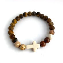 Load image into Gallery viewer, White Stone Cross, Tiger Eye &amp; Jasper Bracelet || Stretch Bracelet
