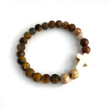 Load image into Gallery viewer, White Stone Cross, Tiger Eye &amp; Jasper Bracelet || Stretch Bracelet
