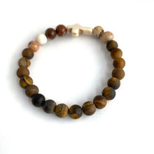 Load image into Gallery viewer, White Stone Cross, Tiger Eye &amp; Jasper Bracelet || Stretch Bracelet
