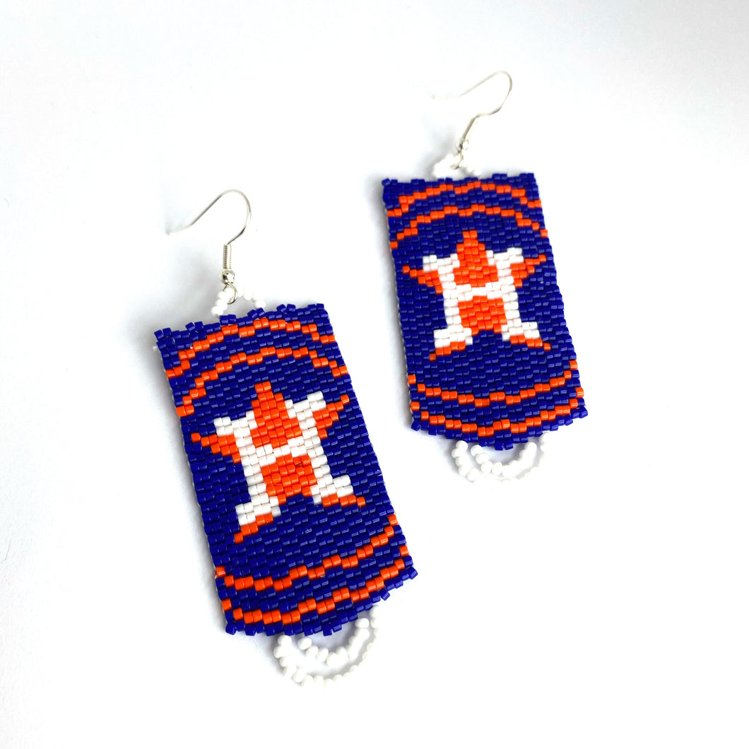 Handwoven Seed Bead earrings using white, orange and blue glass Delica beads. Approx 3