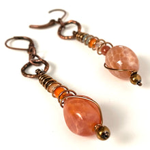 Load image into Gallery viewer, Copper Wrapped Fire Agates Dangle Leverback Earrings
