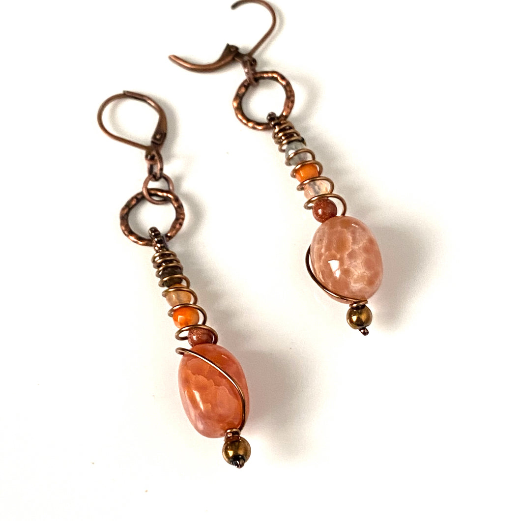 Copper Wrapped Fire Agates Dangle Leverback Earrings