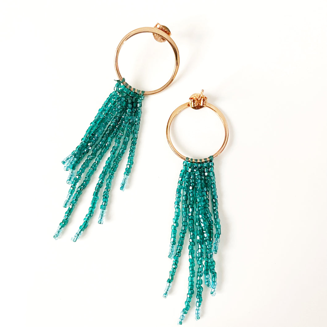 Rose Gold Open Circle Posts Dripping in Emerald Glass Beads