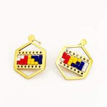 Load image into Gallery viewer, Beaded Hexagon Gold Post Earrings in Red, Yellow, Blue &amp; White
