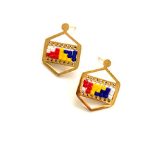 Load image into Gallery viewer, Beaded Hexagon Gold Post Earrings in Red, Yellow, Blue &amp; White
