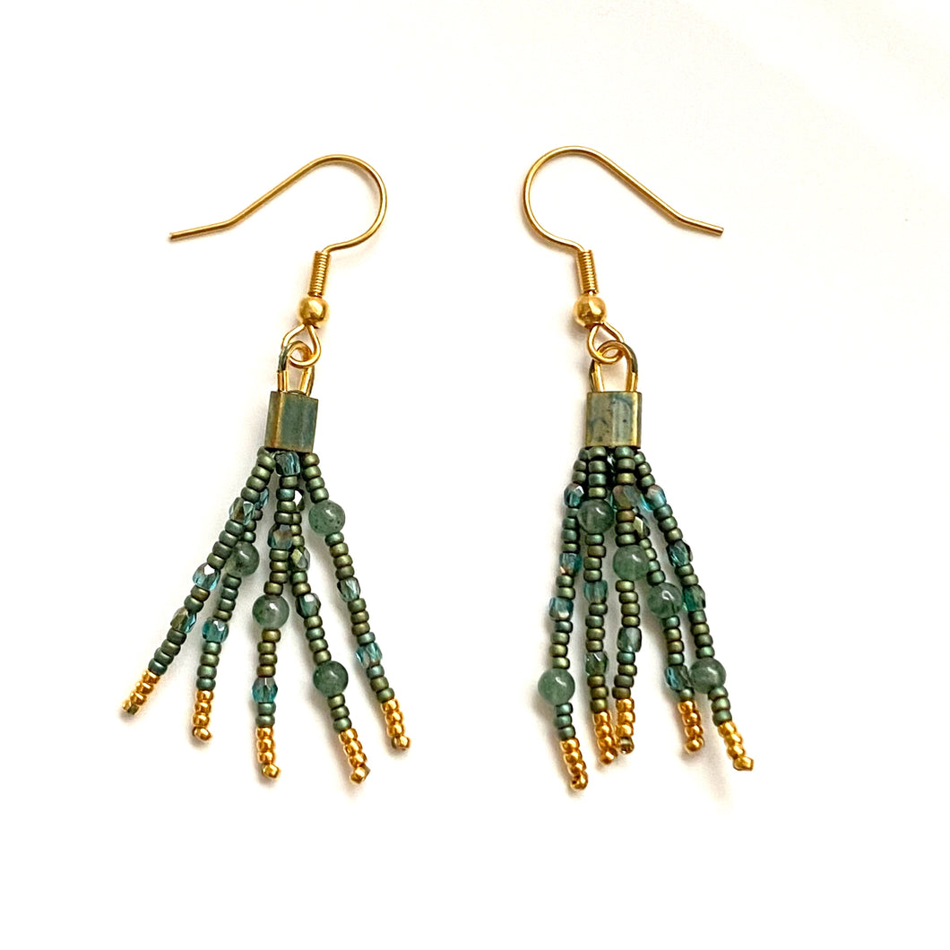 Emerald Green 5-Strand Beaded Earrings in Gold