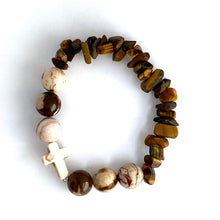 Load image into Gallery viewer, White Stone Cross, Tiger Eye chips &amp; Zebra Jasper Bracelet || Size 6.5
