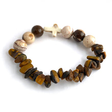 Load image into Gallery viewer, White Stone Cross, Tiger Eye chips &amp; Zebra Jasper Bracelet || Size 6.5
