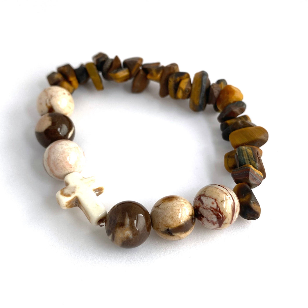 White Stone Cross, Tiger Eye chips & Zebra Jasper Bracelet || Size 6.5