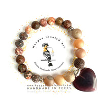 Load image into Gallery viewer, Leopard Jasper and Agate Diffuser Bracelet with Silver Accents and Glass Heart Charm
