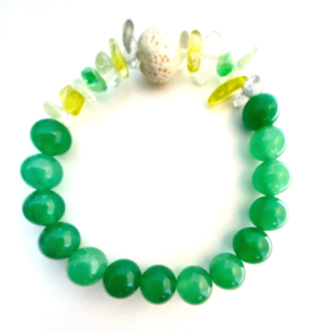 Green Aventurine, Agate chips & White Lava Bead Diffuser Bracelet || Stretch Bracelet