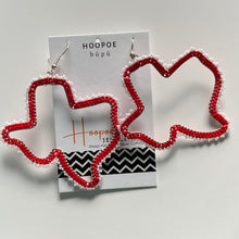 Load image into Gallery viewer, Big Texas Hoop Earrings, Edged in Red and White Beads, Sterling Silver Ear Wires
