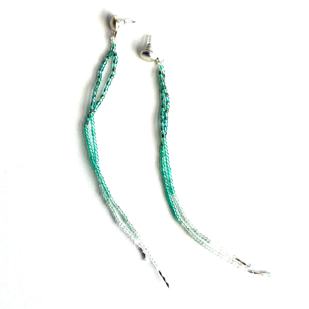 Shades of Green in Quartz and Jade. Long Strand Duster Earrings that Kiss your Shoulders in Silver.