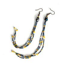 Load image into Gallery viewer, Long Strand Shoulder Duster Beaded Earrings. Gunmetal, Mustard &amp; Denim Combine in 7 inch luxury strands
