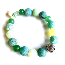 Load image into Gallery viewer, Breathe deep your favorite essential oil (1-2 drops applied to white Lava bead charm) all day long. Rich green Aventurine and Agate beads and chips surround a silver Filigree bead.  Type: Diffuser Stretch Bracelet Size: 6 Bead sizes: 8mm, 10mm
