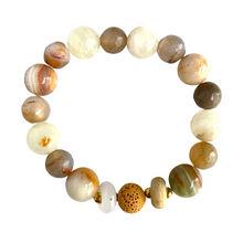 Load image into Gallery viewer, Stunning Diffuser Bracelet of grey Agates, Jade and vintage Lampwork Beads sure to complement every outfit. Gold spacer beads. Apply 1-2 drops of your favorite essential oil and breathe deep.   Type: Diffuser Stretch Bracelet Size: 6.5 Bead sizes: 10mm, 12mm
