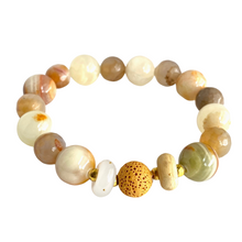 Load image into Gallery viewer, Stunning Diffuser Bracelet of grey Agates, Jade and vintage Lampwork Beads sure to complement every outfit. Gold spacer beads. Apply 1-2 drops of your favorite essential oil and breathe deep.   Type: Diffuser Stretch Bracelet Size: 6.5 Bead sizes: 10mm, 12mm
