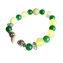 Load image into Gallery viewer, Rich, green Aventurine alternates with pale green Agates. A white lava bead, enveloped by two filigree silver beads, ensures you can always breathe in your favorite scent. Apply 1-2 drops your favorite essential oil to your lava bead.  Type: Diffuser Stretch Bracelet Bead sizes: 8mm, 10mm
