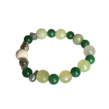 Load image into Gallery viewer, Rich, green Aventurine alternates with pale green Agates. A white lava bead, enveloped by two filigree silver beads, ensures you can always breathe in your favorite scent. Apply 1-2 drops your favorite essential oil to your lava bead.  Type: Diffuser Stretch Bracelet Bead sizes: 8mm, 10mm
